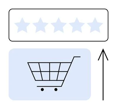Shopping cart icon with five-star rating and upward arrow indicating positi.. Illustrazione stock
