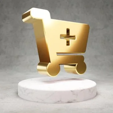 Shopping Cart icon. Shiny golden Shopping Cart symbol on white marble podium. Stock Illustration