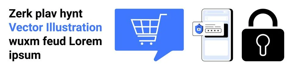 Shopping cart inside speech bubble, mobile device with security confirmation, Illustrazione stock