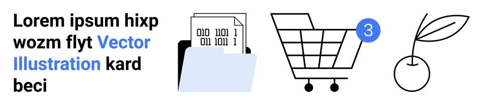 Shopping cart with items, document folder with binary paper, and cherry fruit Stock Illustration