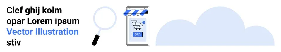 A shopping cart on a mobile interface with a magnifying glass symbolizing e-c Stockillustratie