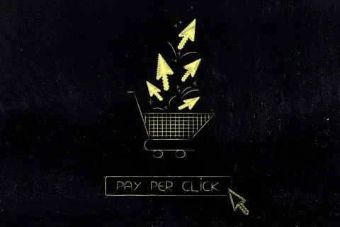 Shopping cart with mouse pointer arrows and button being clicked Stock Illustration
