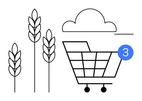 Shopping cart with notification bubble 3 alongside wheat stalks and cloud. Id 스톡 일러스트