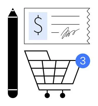 Shopping cart with notification, invoice with dollar sign and signature, and  Illustrazione stock