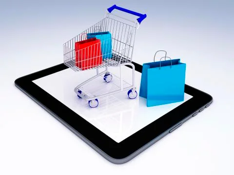 Shopping cart over tablet pc. e-commerce concept. Ilustração Stock