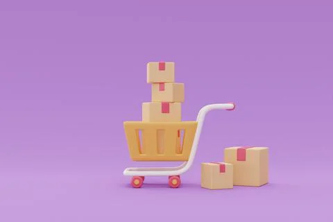 Shopping cart with parcel boxes, Flash sale promotions concept on purple back Illustrazione stock