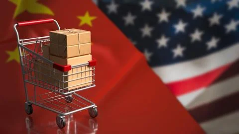 Shopping Cart Parcels Between China And America Trade Flags 3d render. Stock Illustration