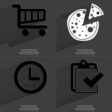 Shopping cart, Pizza, Clock, Task completed icon sign. Set of Symbols with Fl Stock Illustration