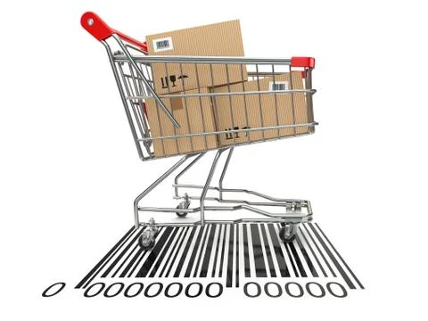 Shopping cart with purchases on bar code. イラスト素材