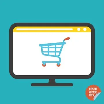 Shopping cart on screen flat vector icon. Illustration for website or mobil.. Stock Illustration