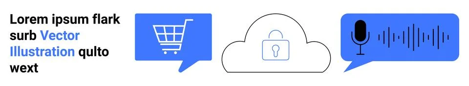 Shopping cart, secure cloud with lock, and voice command visuals in blue spee 스톡 일러스트