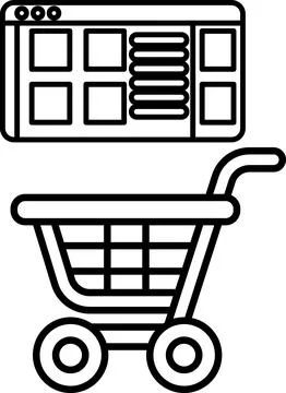 A shopping cart is shown next to a computer monitor Stock Illustration