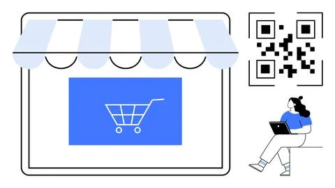 Shopping cart on store window, QR code, and woman with laptop. Ideal for onli Stock Illustration