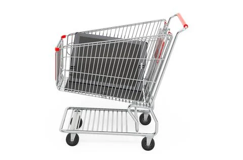 Shopping cart with tablet computer, 3D rendering Illustrazione stock