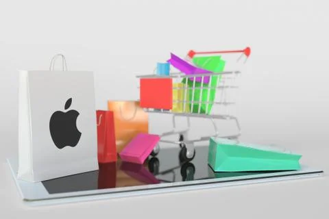 Shopping cart on a tablet computer and paper bag with Apple Inc logo. Editorial Stock Illustration