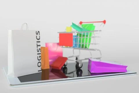 Shopping cart on a tablet computer and paper bag with LOGISTICS text. E-commerce Stock Illustration