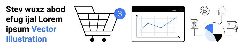 Shopping cart with three items, analytics chart, pie chart with interconnecte Stock Illustration