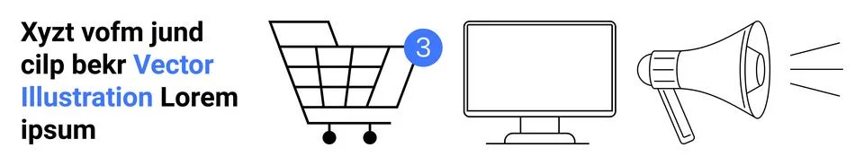 Shopping cart with three items, computer monitor, and megaphone. Ideal for e- Illustrazione stock