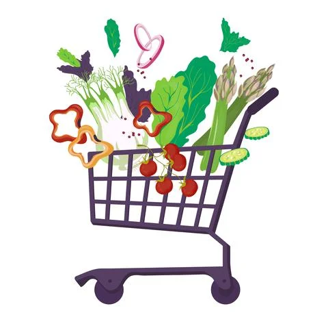 Shopping cart trolley full of healthy fresh vegetables, flat vector illustrat Stock Illustration
