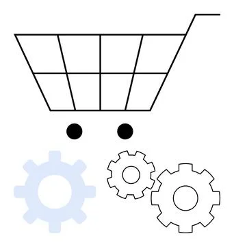 Shopping cart wireframe with interconnected gears for process automation an.. Illustrazione stock