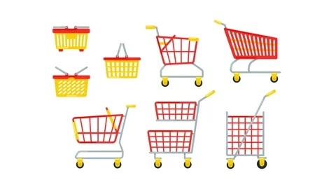 Shopping carts and baskets rotating on white and green screen Stock Footage 310849173