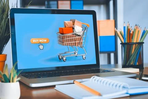 Shopping carts and laptop computers on the table used for online shopping. Stock Illustration