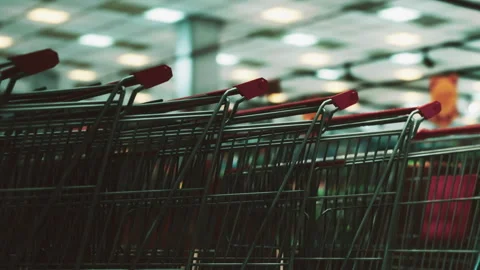 Shopping carts wait in a grocery store during busy shopping hours in the city Stock Footage 344971506