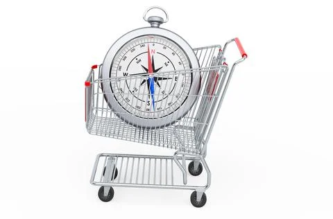 Shopping cartt with compass. 3D rendering Stock Illustration