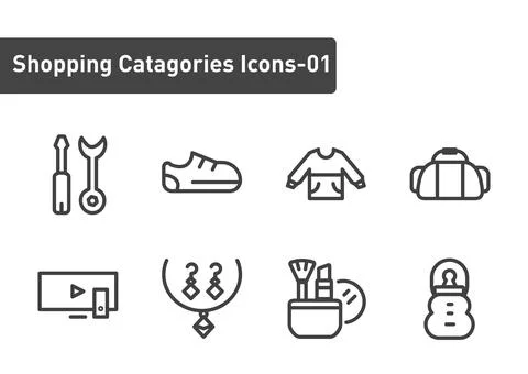 Shopping categories elements outline icon set on white background 02 Illustrazione stock