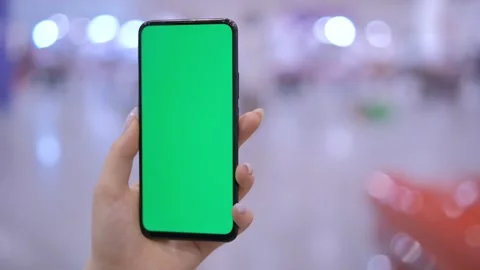 Shopping center. Mall. Back view of brunette holding chroma key green screen Stock Footage 249338339