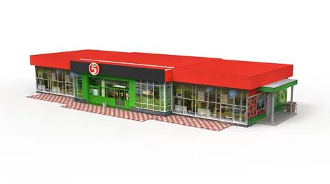 Shopping center render on a white background. 3D rendering Ilustración de archivo