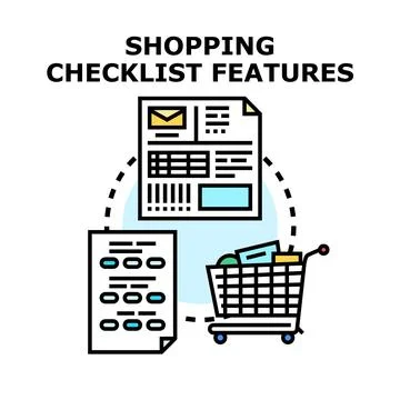Shopping checklist features planning and purchasing process Stock Illustration