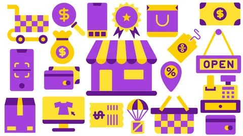 Shopping Commerce Elements - Cart Search Money Smartphone Badge Shop Bag Cash Sc Stock Illustration
