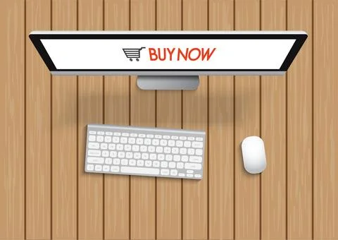Shopping with computer and screen buy now on wooden table. Concept online s.. Stock Illustration
