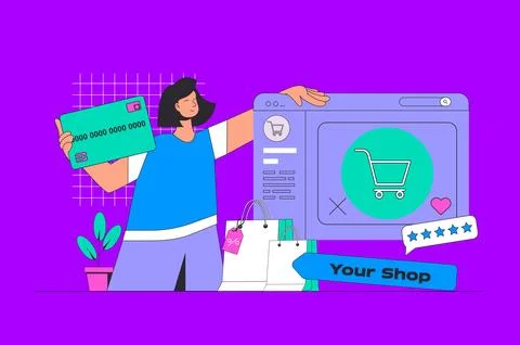 Shopping concept in modern flat design for web. Woman making purchases online Ilustración de archivo