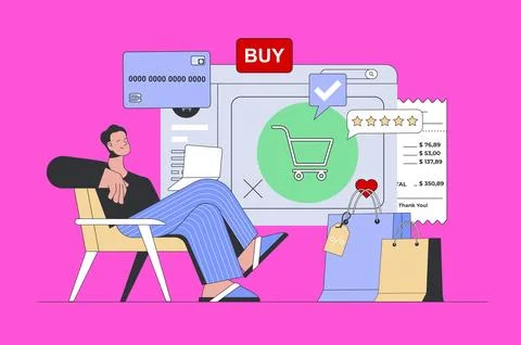 Shopping concept in modern flat design for web. Man filling purchase basket,  Ilustración de archivo