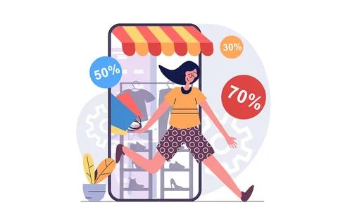 Shopping concept in modern flat design for web. Woman doing bargain purchases Ilustración de archivo