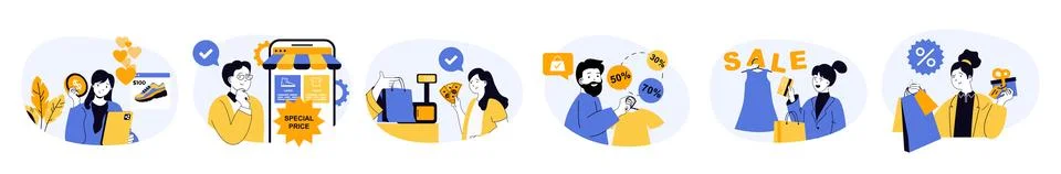 Shopping concept set with characters in flat design for web. People choosing  Stock Illustration