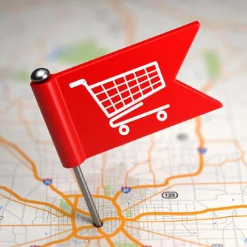 Shopping Concept - Small Flag on a Map Background. Ilustración de archivo