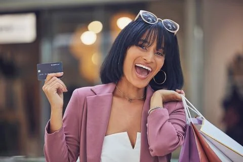 Shopping, credit card and happy woman, portrait and mall, money and finance for Stock Photos