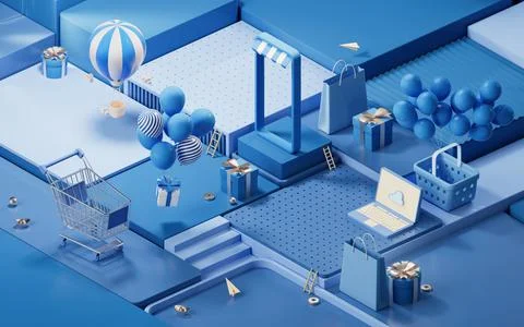 Shopping day activity with cube platform background, 3d rendering. Stock Illustration