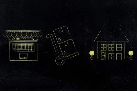 Shopping delivery parcels in between laptop and recipient's house Stock Illustration