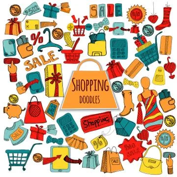 Shopping Doodle Colored Set Stock Illustration