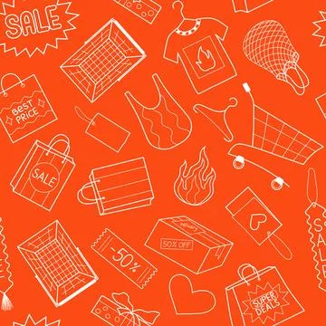 Shopping doodles vector seamless pattern. Outline white supermarket carts Stockillustratie