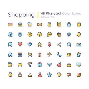 Shopping editable pixel color ui icons set 스톡 일러스트