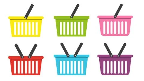 Shopping flat basket icon set vector commerce illustration Stock Illustration