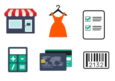 Shopping Flat Simple Icon Collection with Retail Store, Dress, Credit Card, C Stock Illustration