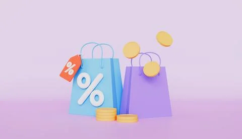 Shopping with floating elements of bags, discount tags and coins Stock Illustration