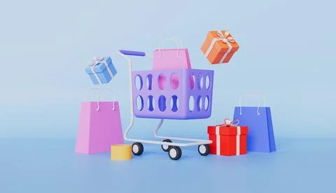 Shopping with floating elements of a shopping cart, gift box, shopping bag Stock Illustration