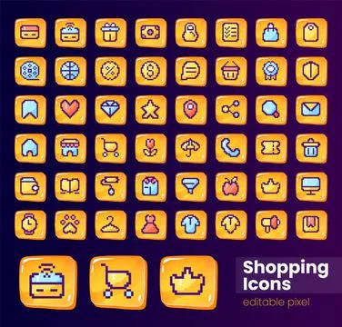 Shopping glossy ui button with pixelated color icon big set Stock Illustration